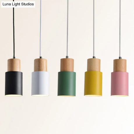 Modern Tubular Pendant Spotlight: Metal 1-Light Bedside Hanging Lamp With Wooden Top