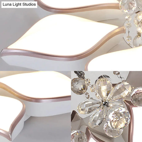 Modern White Blooming Flush Mount Ceiling Light With Crystal Drop - 8/10 Heads Warm Ambiance For