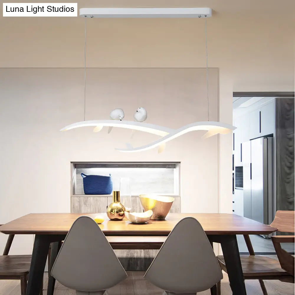 Modern White Branch Led Island Light - 27/37.5 Wide Acrylic Pendant With Warm/White And Bird Design