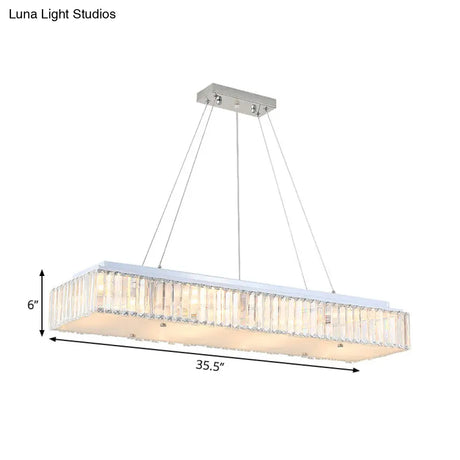 Modern White Chandelier: 8-Light Rectangular Pendant With Crystal Block And Glass Diffuser