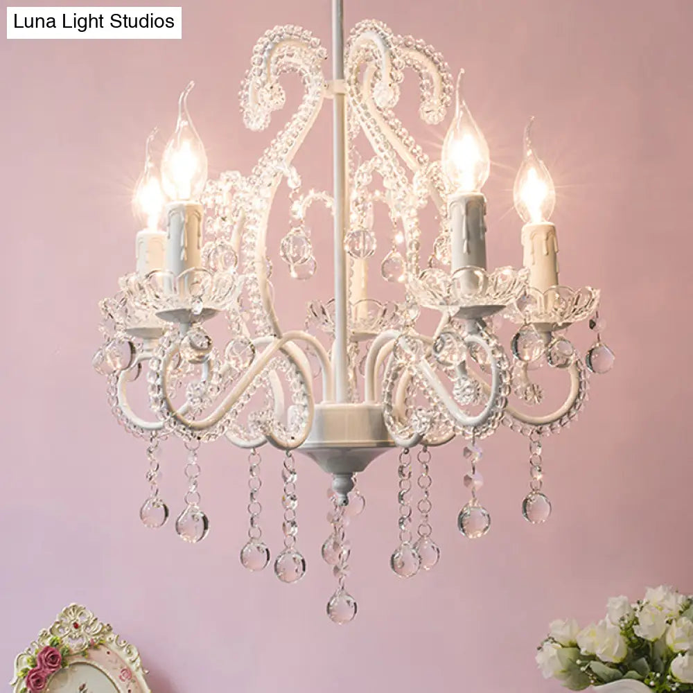 Modern White Chandelier With Crystal Decoration - 5 Heads Foyer Lighting Fixture