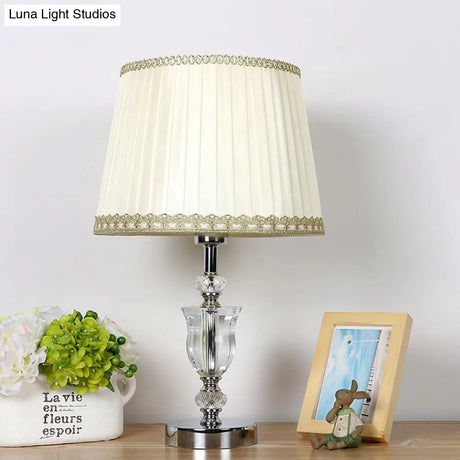Modern White Cone Night Table Lamp With Urn-Shaped Crystal Head: Sleek Nightstand Light