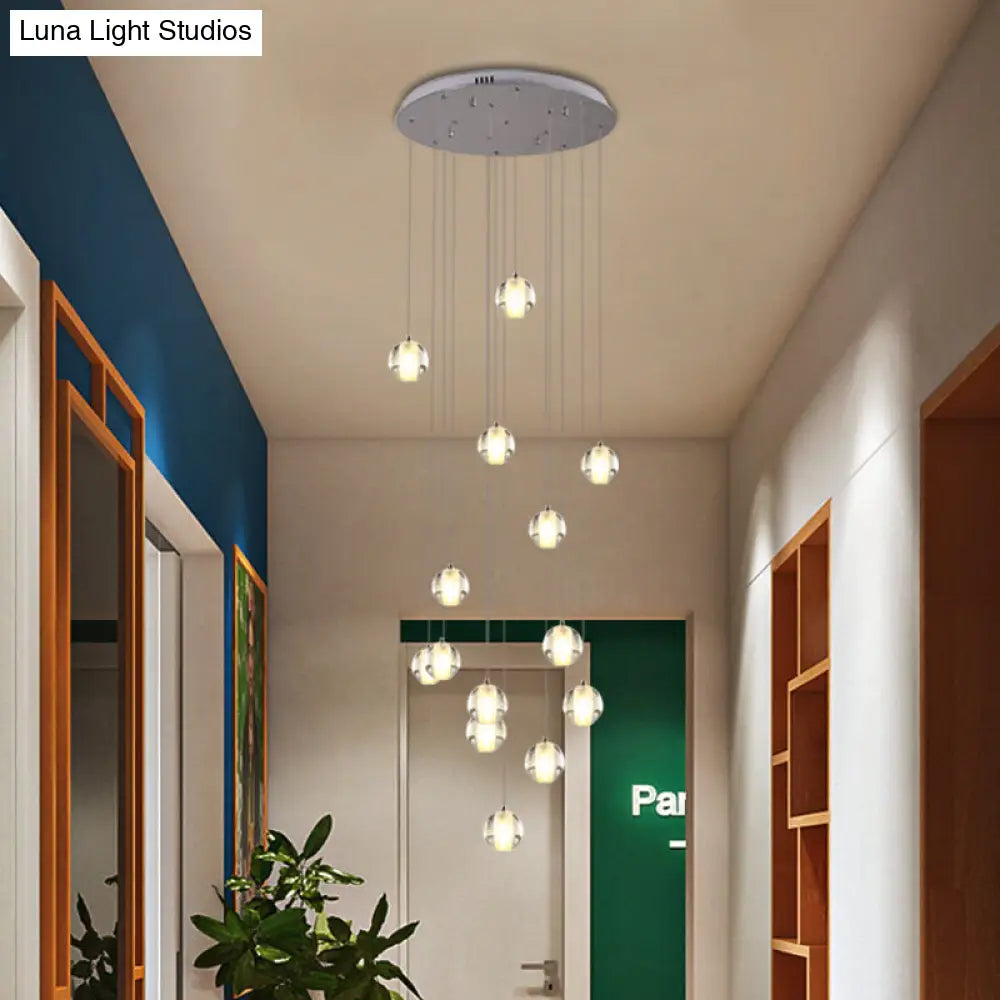 Modern White Crystal Cluster Pendant Light: 14-Bulb Meteor Shower Stair Hanging Lamp