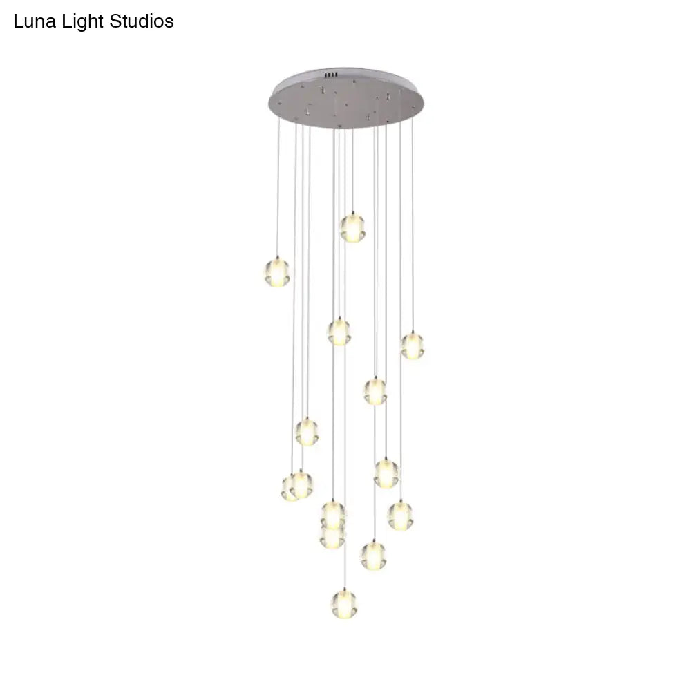 Modern White Crystal Cluster Pendant Light: 14-Bulb Meteor Shower Stair Hanging Lamp