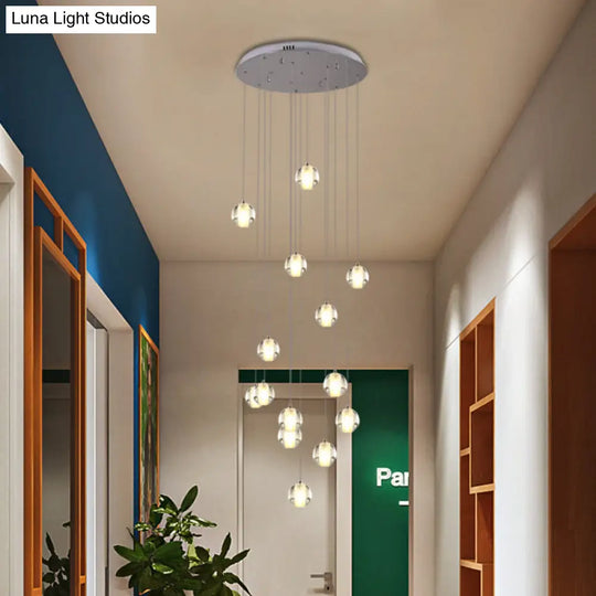 Modern White Crystal Cluster Pendant Light With 14 Bulbs - Meteor Shower Stair Hanging Lamp
