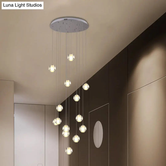 Modern White Crystal Cluster Pendant Light: 14-Bulb Meteor Shower Stair Hanging Lamp / Round
