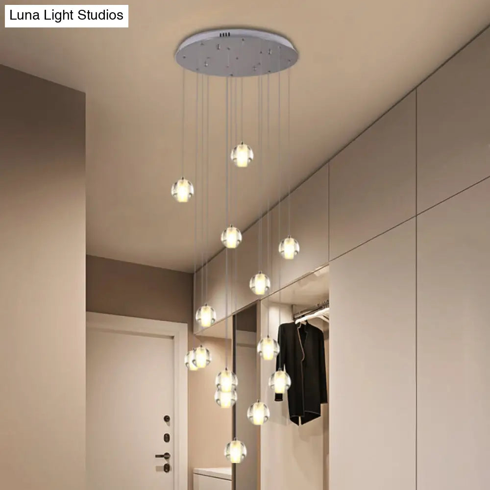 Modern White Crystal Cluster Pendant Light: 14-Bulb Meteor Shower Stair Hanging Lamp