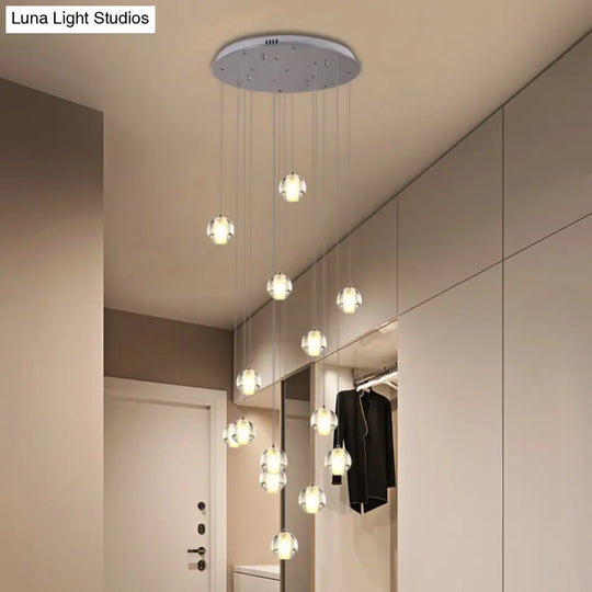 Modern White Crystal Cluster Pendant Light: 14-Bulb Meteor Shower Stair Hanging Lamp