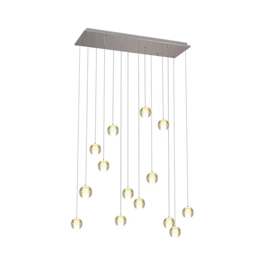 Modern White Crystal Cluster Pendant Light With 14 Bulbs - Meteor Shower Stair Hanging Lamp / Linear