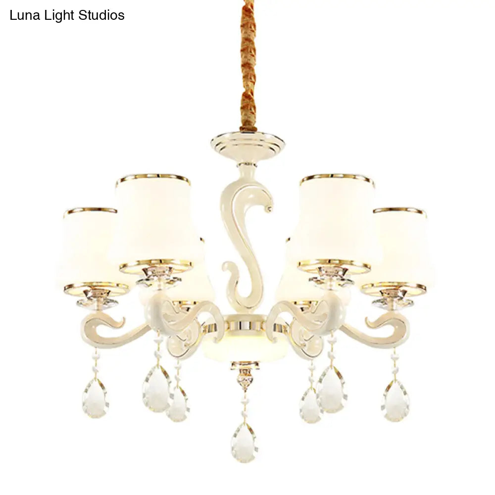 6-Bulb Opal Glass Hanging Lamp - Modern White Curved Shape Chandelier Light For Bedrooms