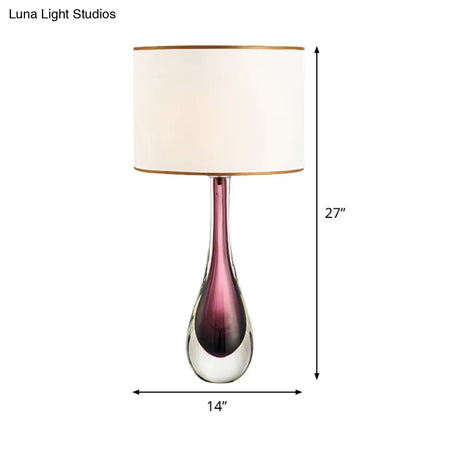 Modern White Droplet Task Lamp: 1-Head Purple Crystal Reading Light With Fabric Shade