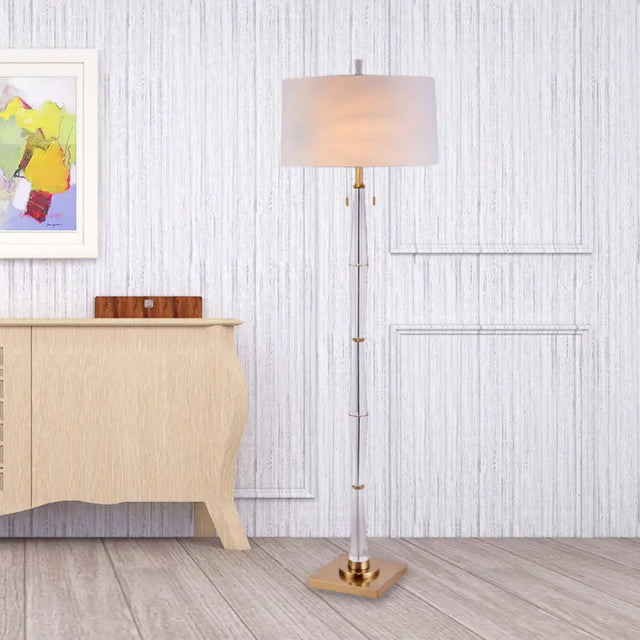 Modern White Fabric Floor Lamp With Crystal Rod And Pull Chain - Elegant Minimalist Design 2 Bulbs