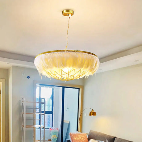 Modern White Feather Chandelier With 2 Copper Down Lights And Wire Cage 16-23.5 Wide