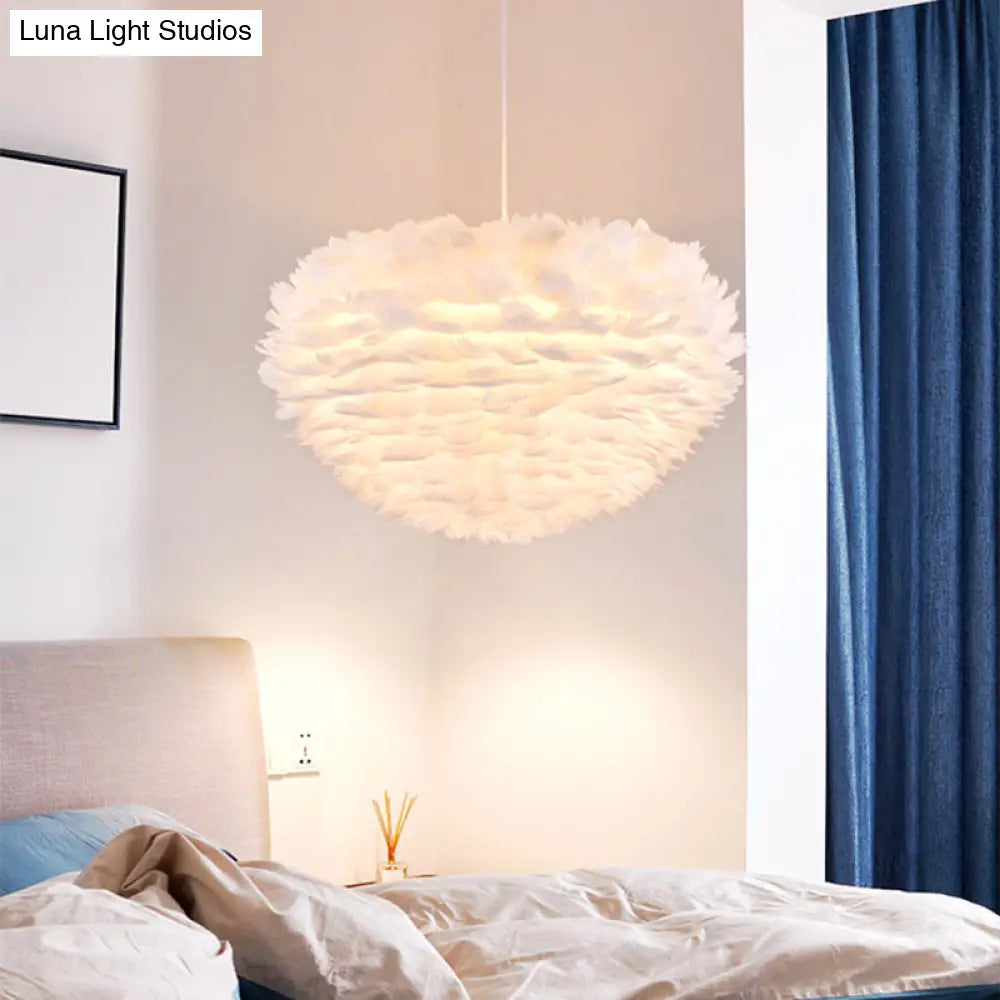 Modern White Feather Pendant Light For Bedroom With Suspension Design / 20 Dome