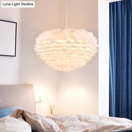 Modern White Feather Pendant Light For Bedroom With Suspension Design / 20 Dome