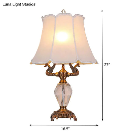 Modern White Flared Desk Lamp With Metal Bird Design Fabric Shade Nightstand Light