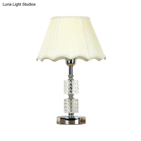 Modern White Flared Study Lamp: Single Head Fabric Table Light With Faux-Braided Detailing