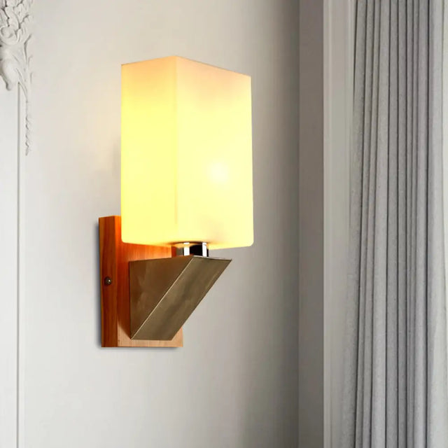 Modern White Frosted Glass Cuboid Sconce - Wood Wall Lamp With Metal Base