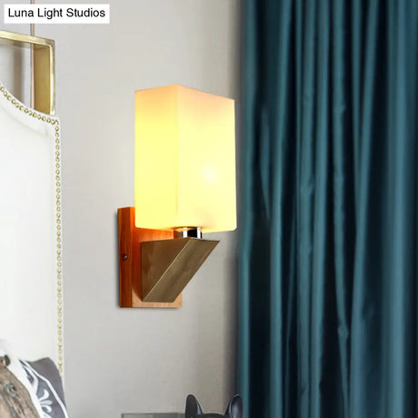 Modern White Frosted Glass Cuboid Sconce - Wood Wall Lamp With Metal Base