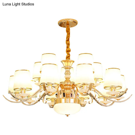 Modern White Glass And Gold Pendant Chandelier With Curved Arm - Barrel Shade Design