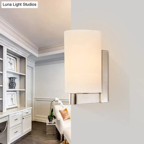 Modern White Glass Cylinder Wall Lamp: Chrome Sconce Fixture For Passages