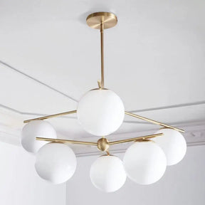 Modern White Glass Globe Chandelier - 6 Gold Heads Ceiling Light Fixture For Living Room