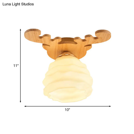 Modern White Glass Honeycomb Flush Mount Ceiling Lamp With Wood Antler Design
