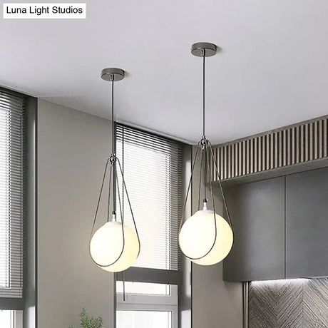 Modern White Glass Orb Pendant Light With Teardrop Iron Frame - Restaurant Hanging Lamp Kit