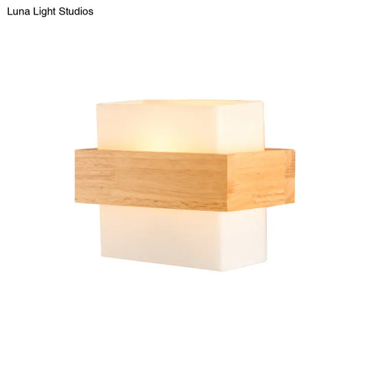 Modern White Glass Rectangle Sconce With Wooden Accents - Single-Bulb Wall Light Fixture
