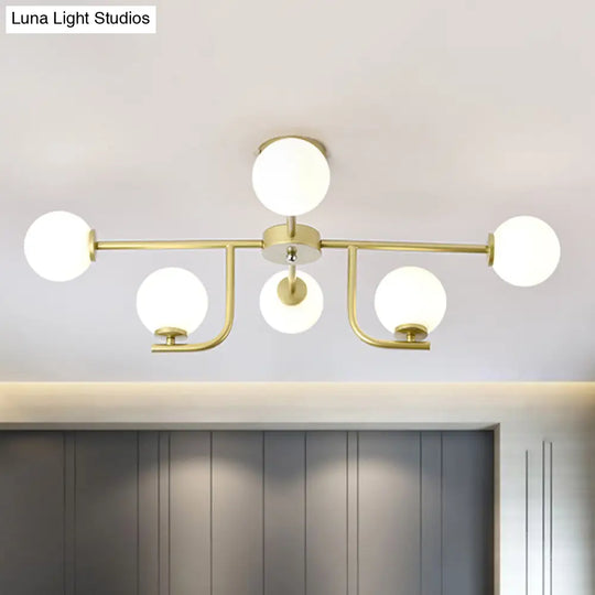 Modern White Glass Semi Flush Mount Ceiling Fixture With Gold Accents - 6 Bulbs