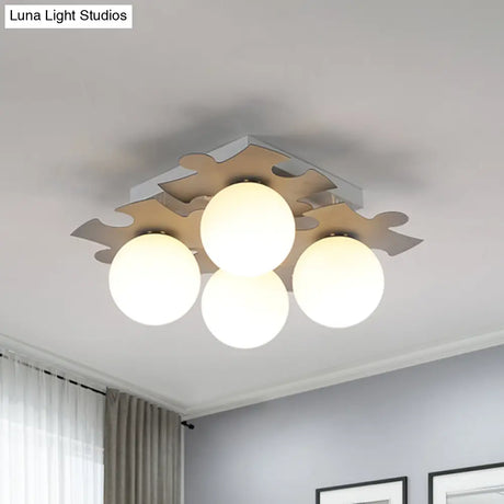 Modern White Glass Semi Flush Mount With Jigsaw Puzzle Decor - 4 - Bulb Light In Grey/Green