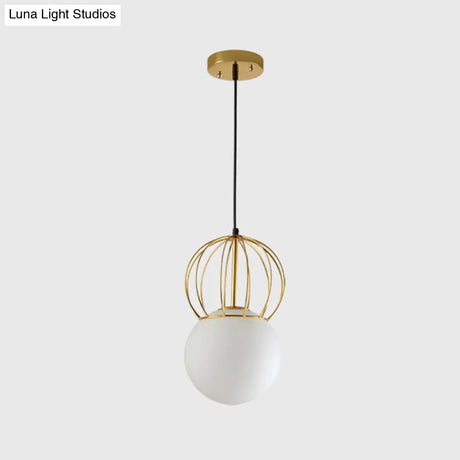 Modern White Globe Suspension Light With Melon Wire And Frosted Glass- Ideal For Bedroom