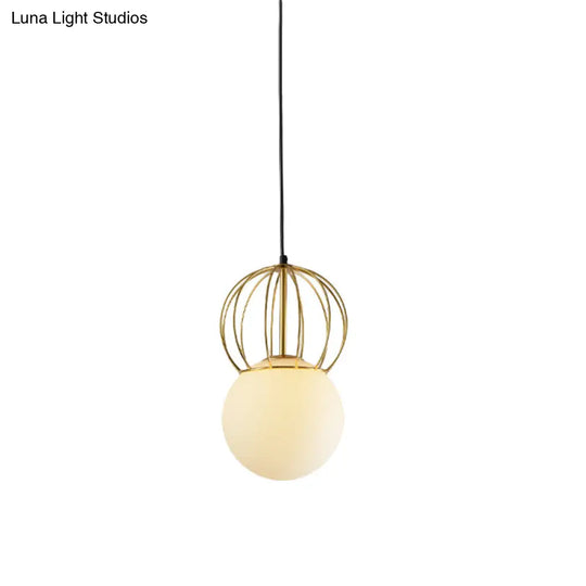 Modern White Globe Suspension Light With Melon Wire And Frosted Glass- Ideal For Bedroom
