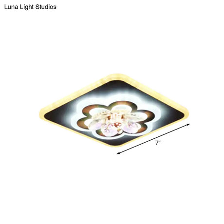 Modern White Led Flush Light With Crystal Accent - Contemporary Floral Design