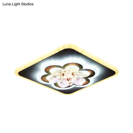 Modern White Led Flush Light With Crystal Accent - Contemporary Floral Design