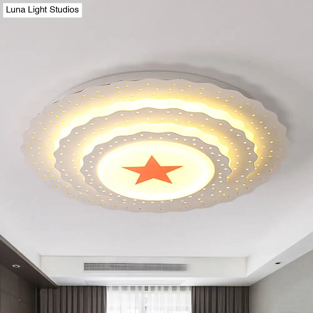 Modern White Metal Ceiling Lamp: Hollow Cake Shape Design With Starry Led Lighting For Bedrooms /