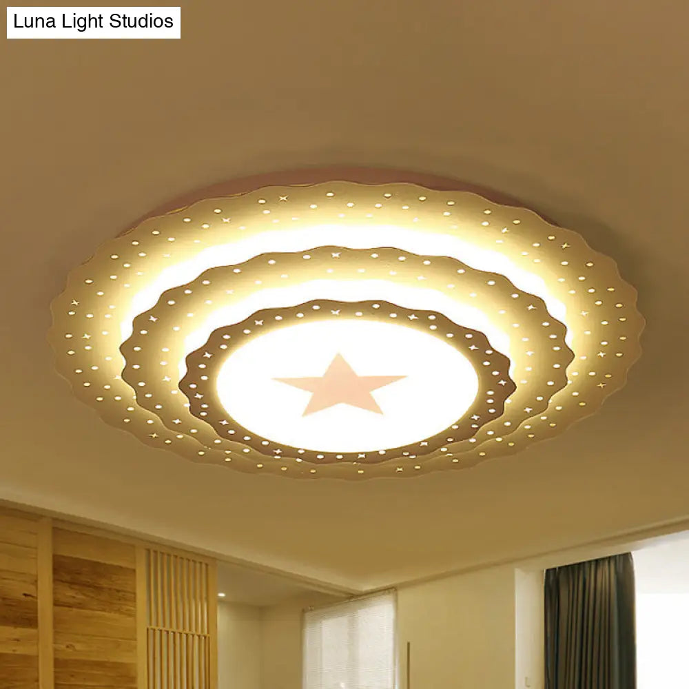 Modern White Metal Ceiling Lamp: Hollow Cake Shape Design With Starry Led Lighting For Bedrooms