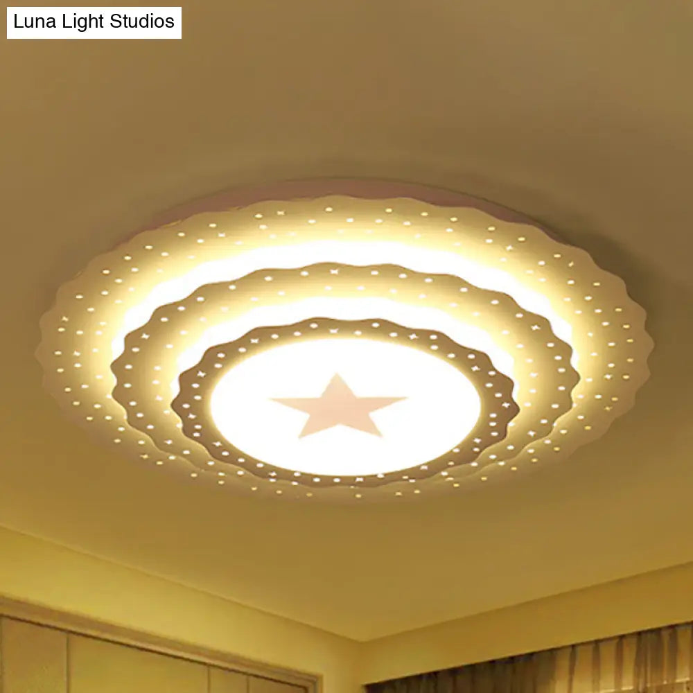 Modern White Metal Ceiling Lamp: Hollow Cake Shape Design With Starry Led Lighting For Bedrooms