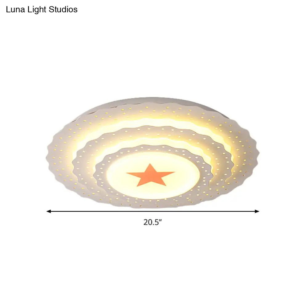 Modern White Metal Ceiling Lamp: Hollow Cake Shape Design With Starry Led Lighting For Bedrooms