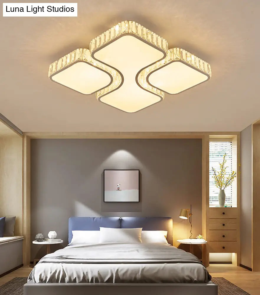 Modern White Quadrangle Led Acrylic Flush Mount Light With Crystal Inlay