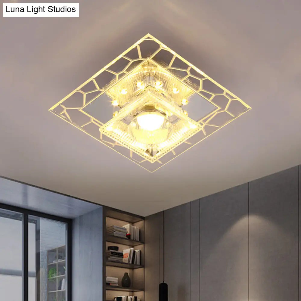 Modern White Square Flushmount Led Ceiling Light With Clear Prism Crystal For Corridors