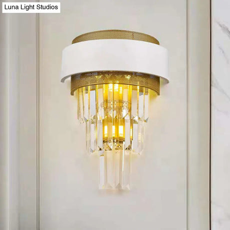 Modern White Square/Round Crystal Prisms Wall Sconce With Gold Mesh
