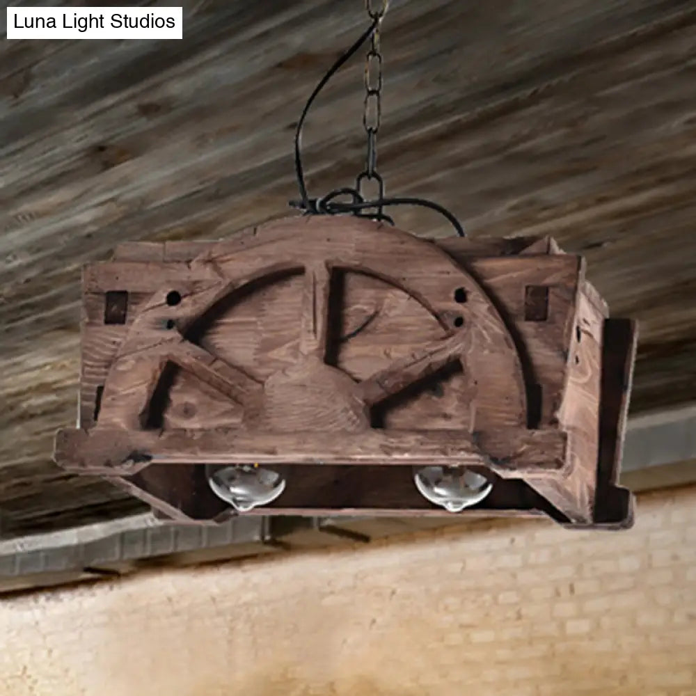 Wood-Accented Clear Glass Pendant Chandelier With 2 Lights - Loft Style Fixture