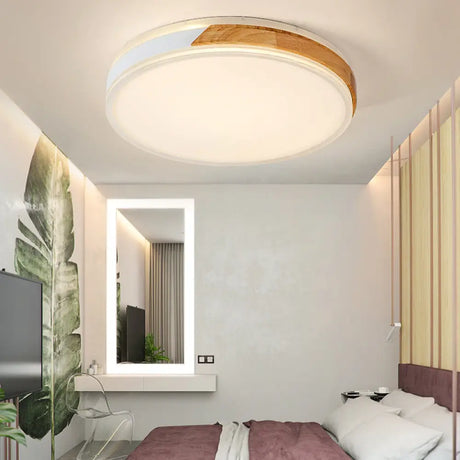 Modern Wood And Iron Ceiling Light Flush Mount In White/Gold - Warm White Indoor Fixture / 16’