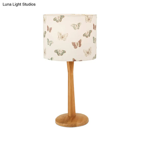 Modern Wood Barrel Study Lamp - 1-Head Fabric Task Lighting With Butterfly/Flower Pattern