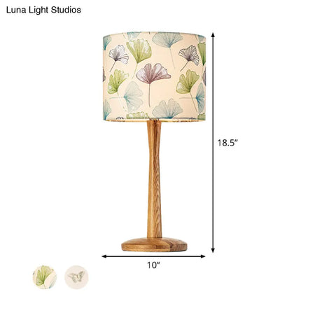Modern Wood Barrel Study Lamp - 1-Head Fabric Task Lighting With Butterfly/Flower Pattern