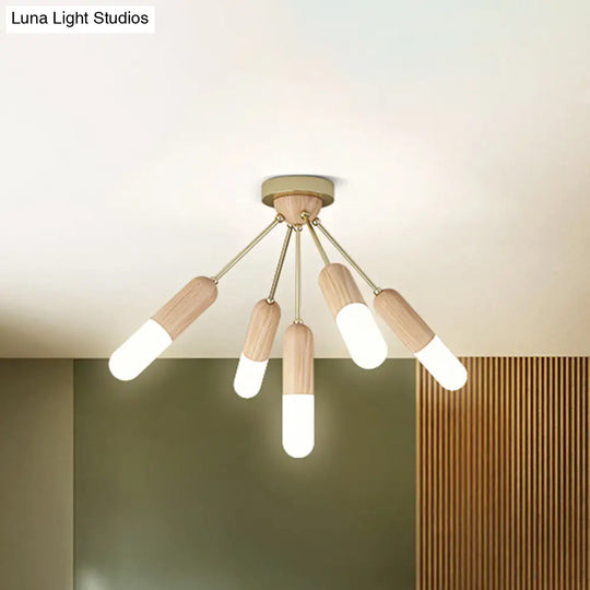 Modern Wood Capsule Semi Mount Ceiling Lamp For Bedroom - Beige 3/5 - Light