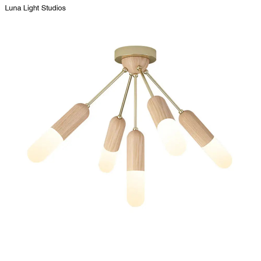 Modern Wood Capsule Semi Mount Ceiling Lamp For Bedroom - Beige 3/5 - Light