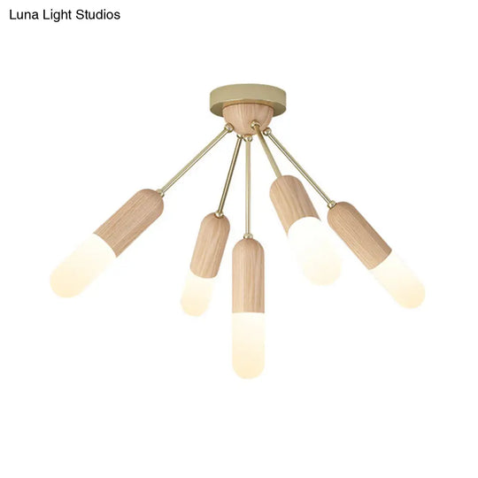 Modern Wood Capsule Semi Mount Ceiling Lamp For Bedroom - Beige 3/5 - Light