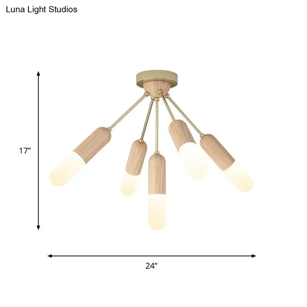 Modern Wood Capsule Semi Mount Ceiling Lamp For Bedroom - Beige 3/5-Light